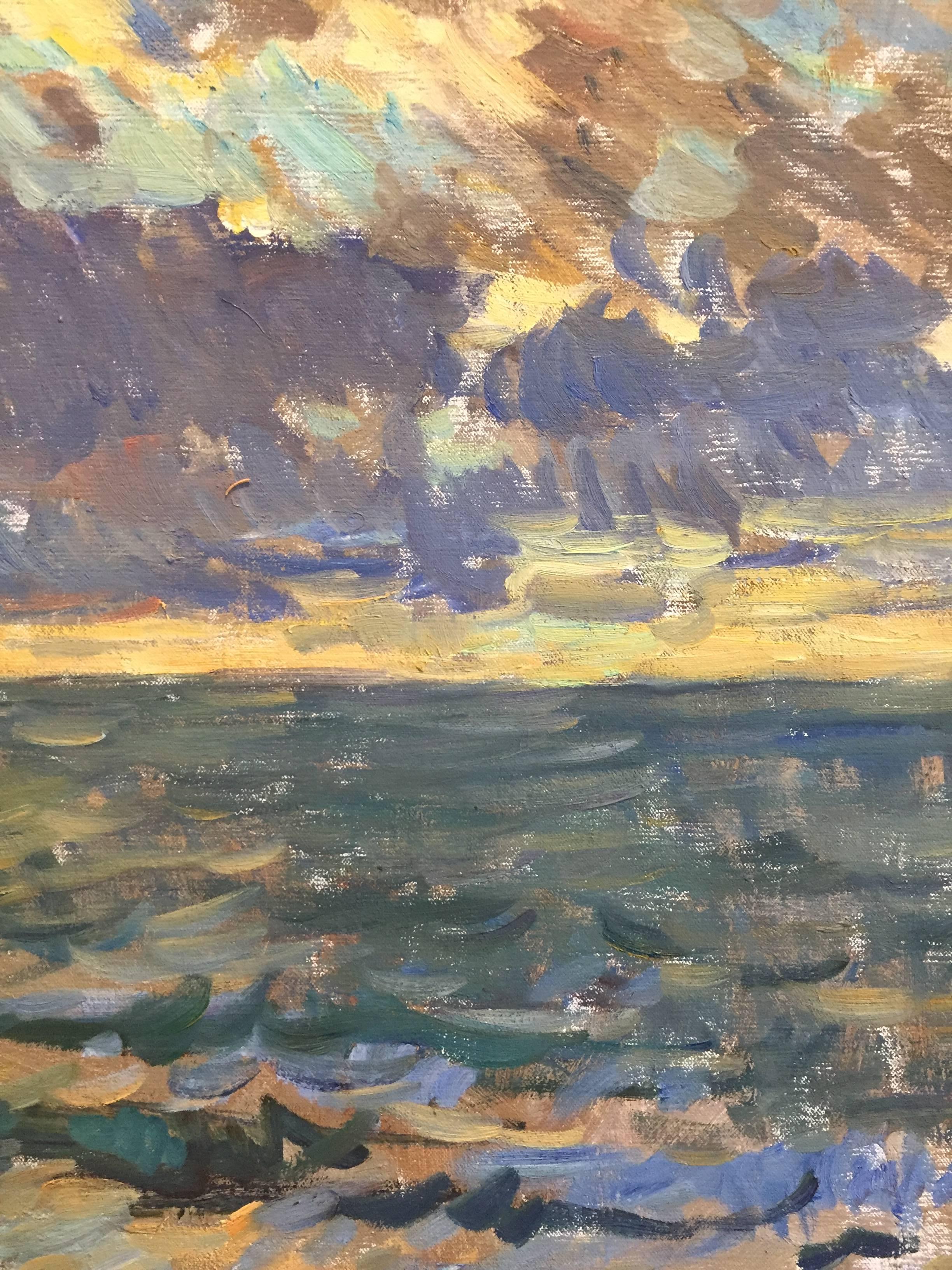 Painted en plein-air, at Fosters Memorial Beach, aka Long Beach, Noyac, Sag Harbor, New York. A large, backlit, purple cloud covers a setting sun. Hues of teal pop out of the water. Loose, thick, brushstrokes create an atmosphere which moves. The