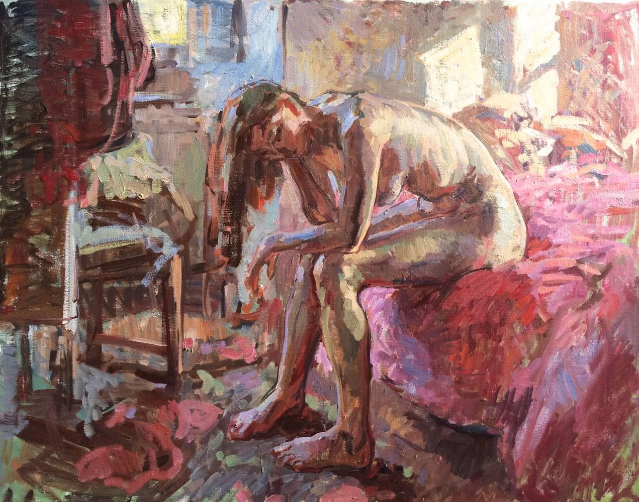 "Sitting Nude, Bea" 2016 oil painting of nude woman seated in thought, pink hues
