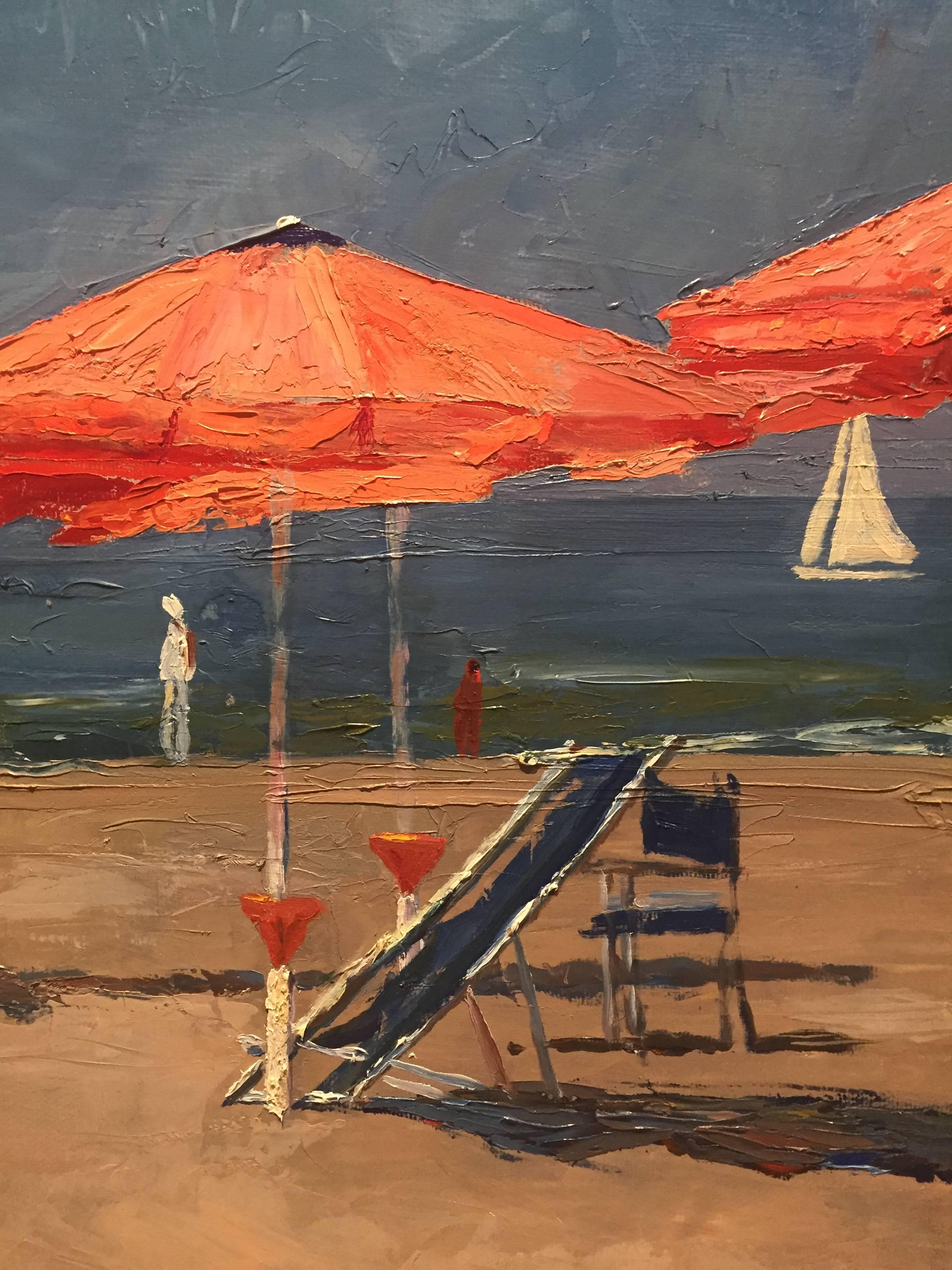 En plein air on a beach in Italy, Nelson H. White chooses to paint his favorite subject, Beach Umbrellas. Pinks and oranges create a wide sandy foreground. Figures walk along the shoreline. The ocean is painted in dark greens and cascades into a