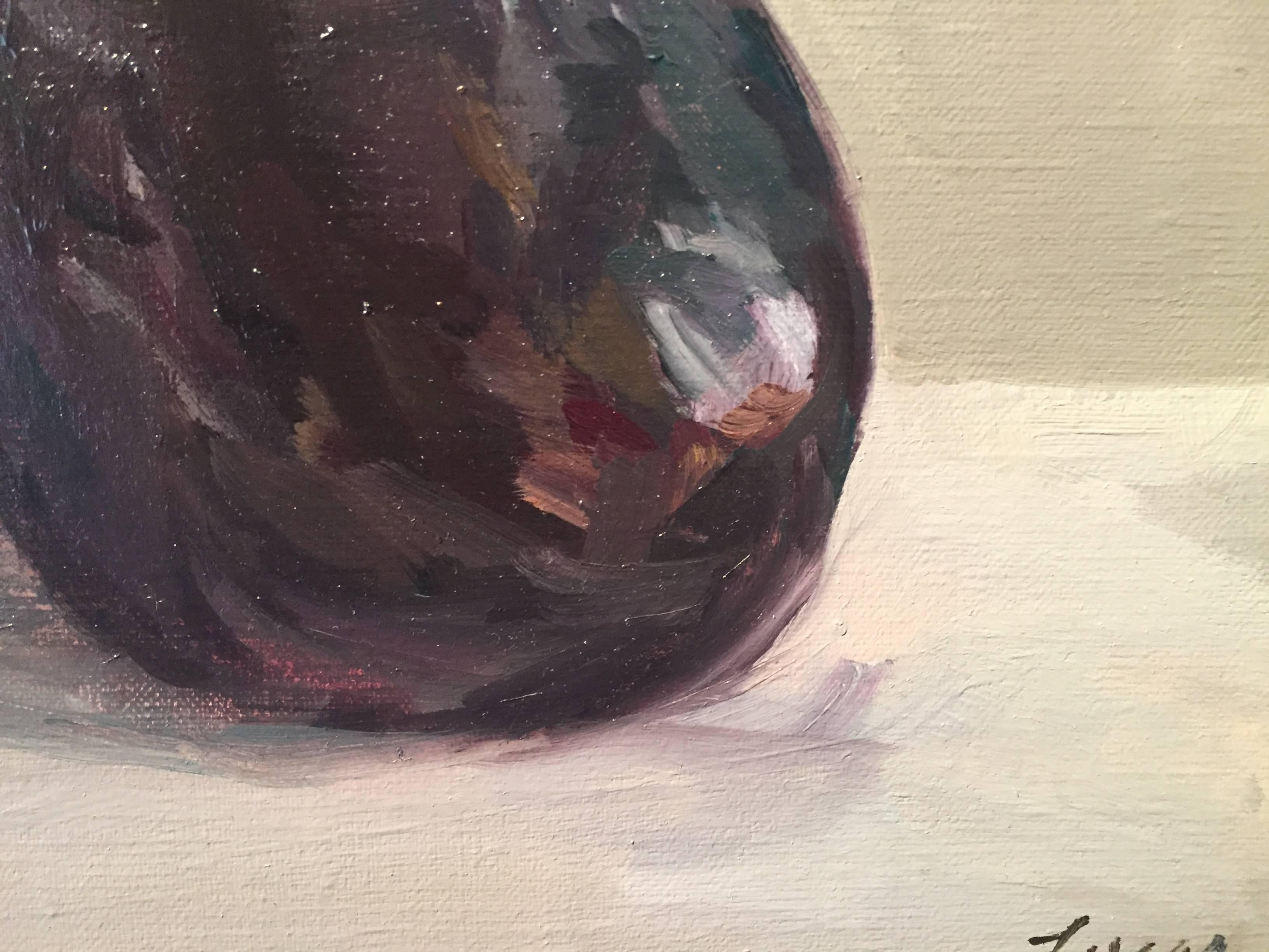 Madame Eggplant - Gray Still-Life Painting by Maryann Lucas