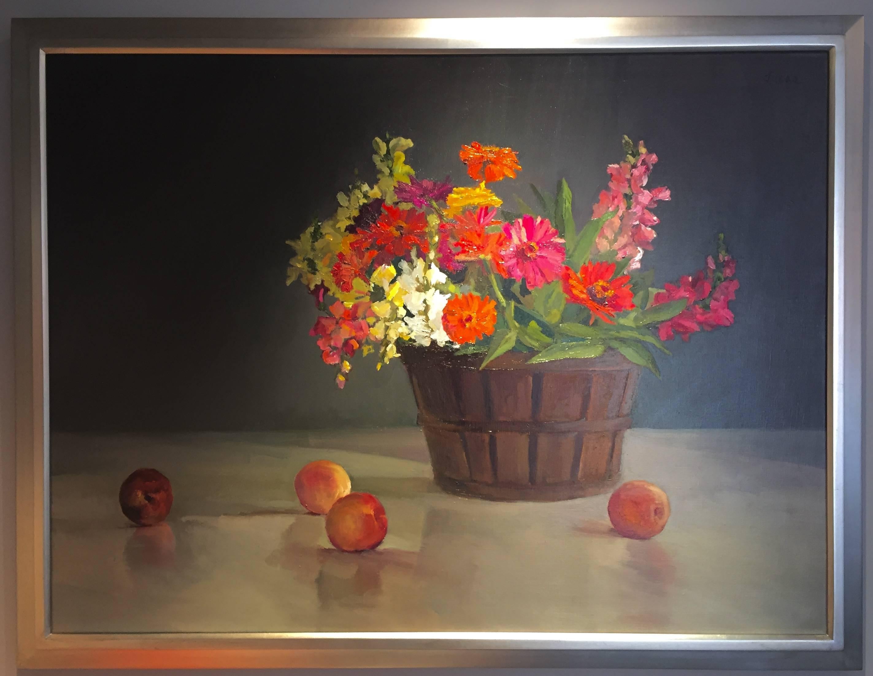 Gänseblümchen, Snapdragons und Obst (Amerikanischer Realismus), Painting, von Maryann Lucas