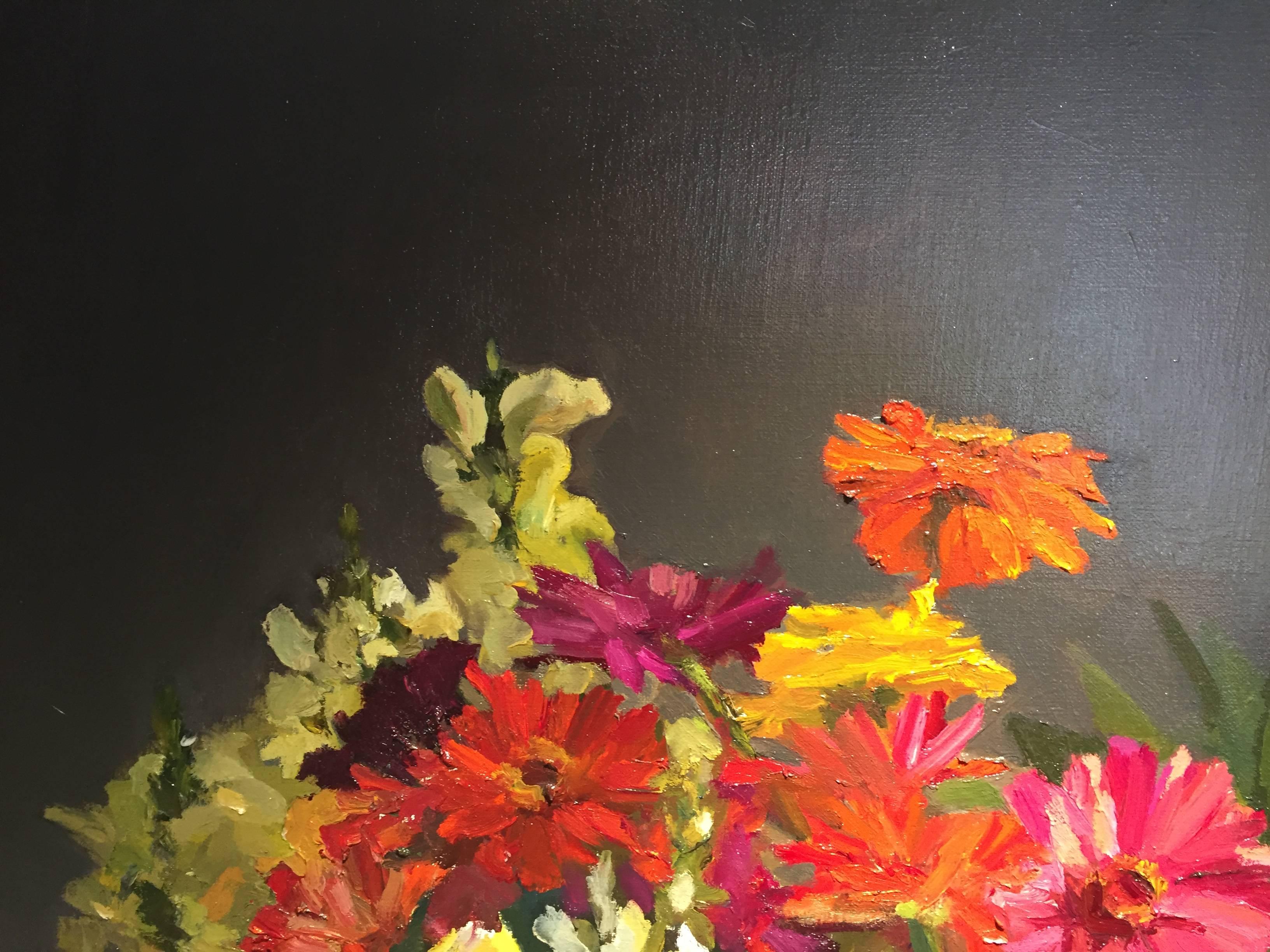 Zinnias, Snapdragons and Fruit - Black Still-Life Painting by Maryann Lucas