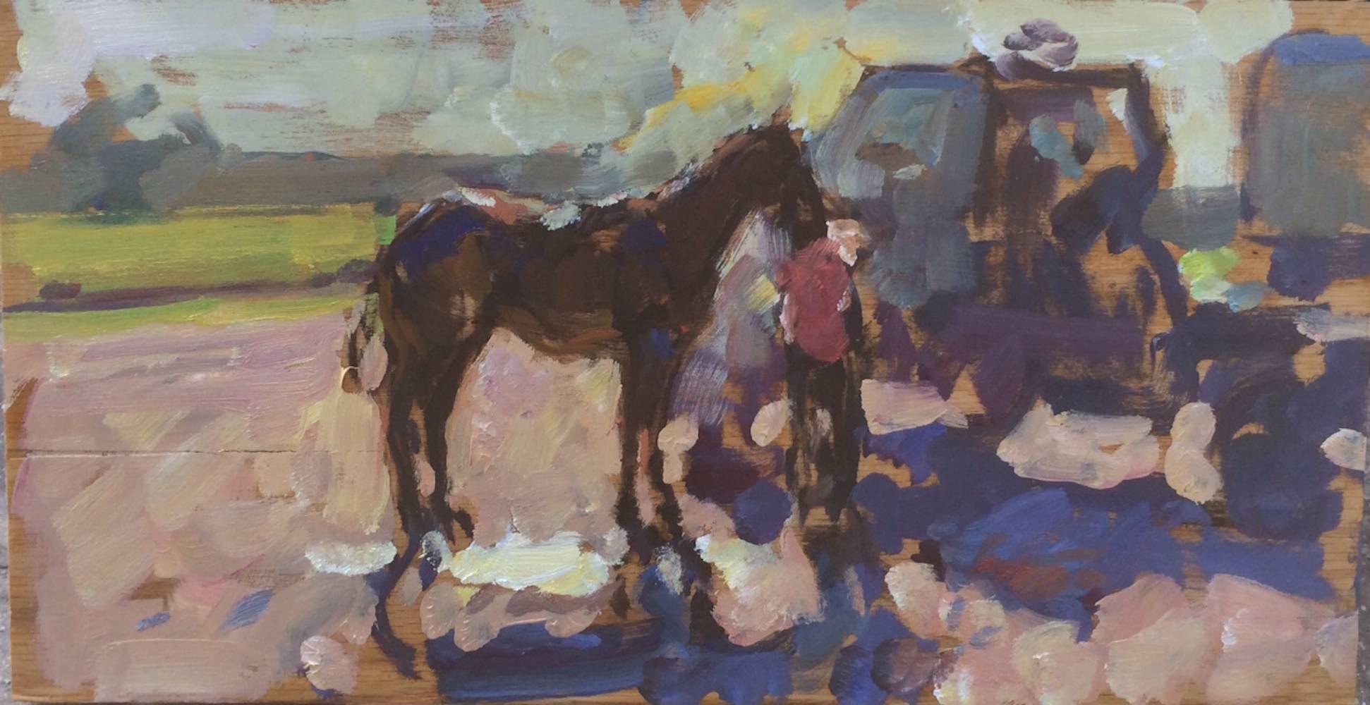 "Pony and Groom" 2014 oil painting on wood, impressionist sketch, equestrian  - Art by Ben Fenske