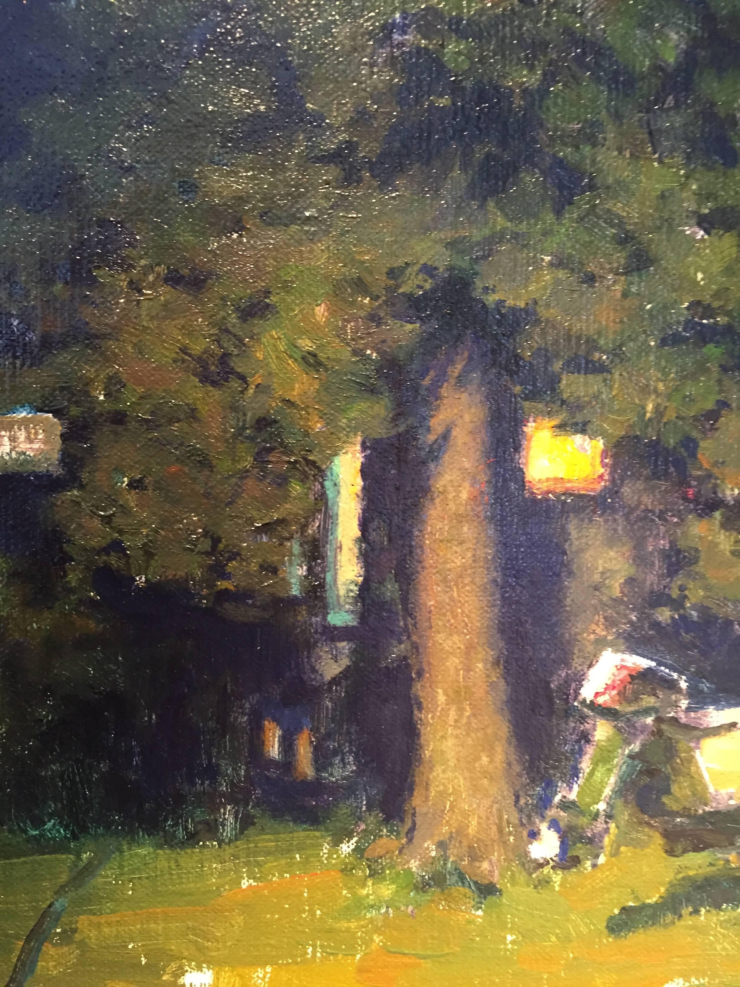 Painted en plein air, at night, a small boat sits on wheels, on a front lawn. The house is hidden beneath the shade of a tall tree that takes up the center of the image. Small Square windows gleam with light from inside, a green light connotes a