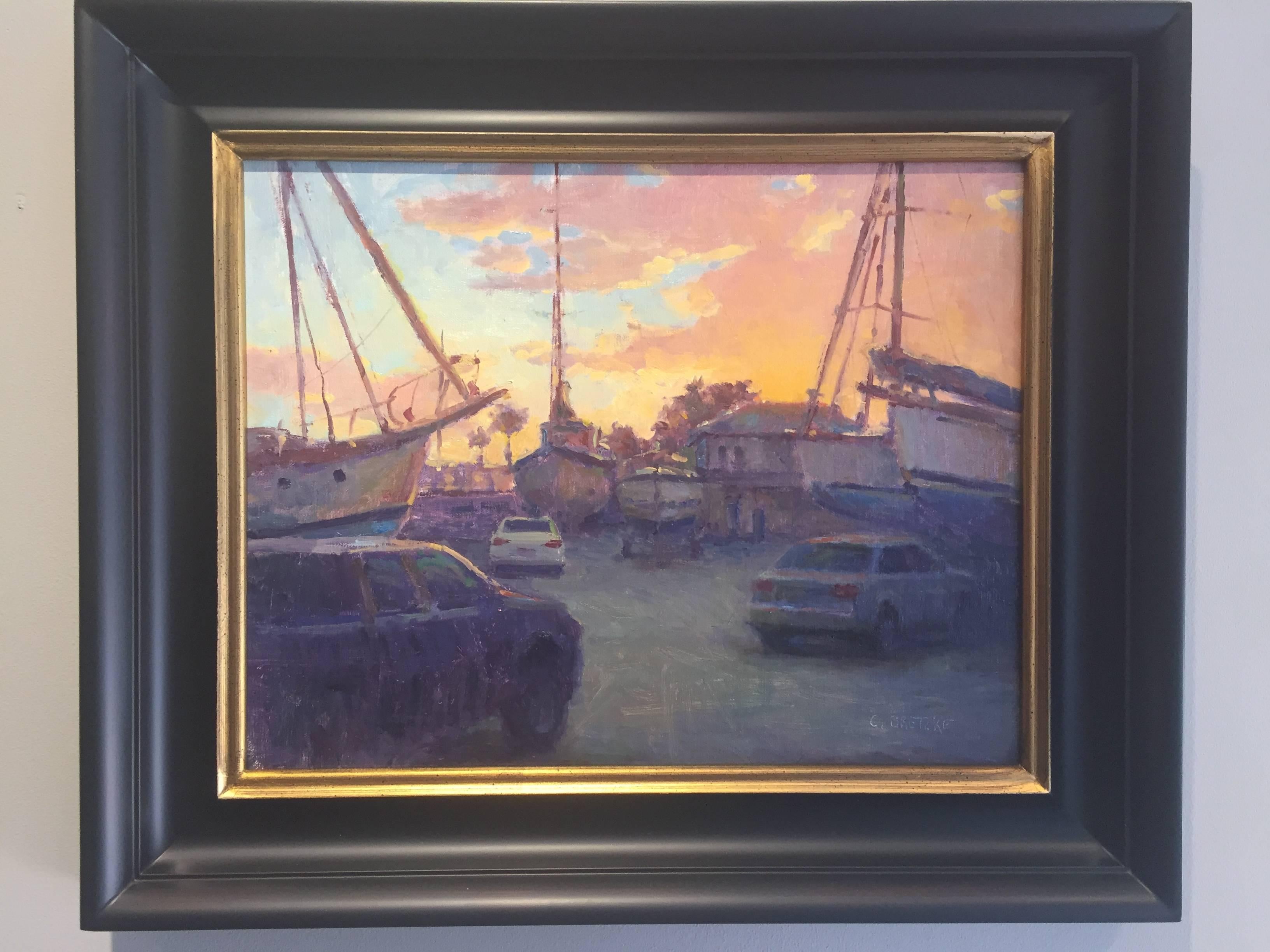 Boat Yard Sunset - Painting by Carl Bretzke