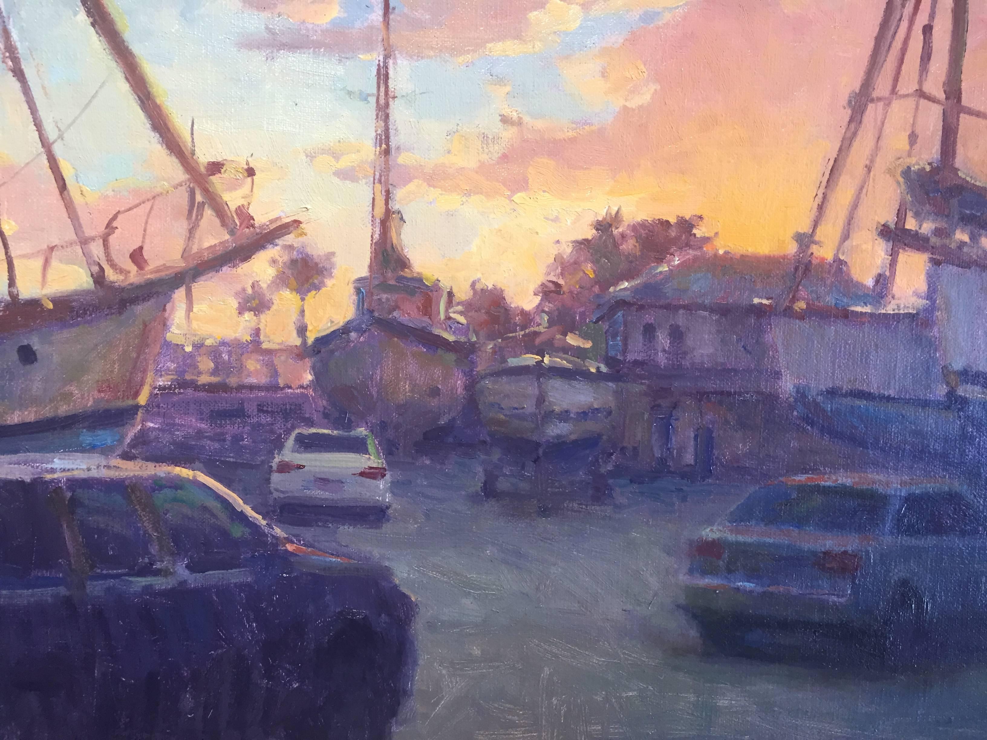Boat Yard Sunset - American Realist Painting by Carl Bretzke
