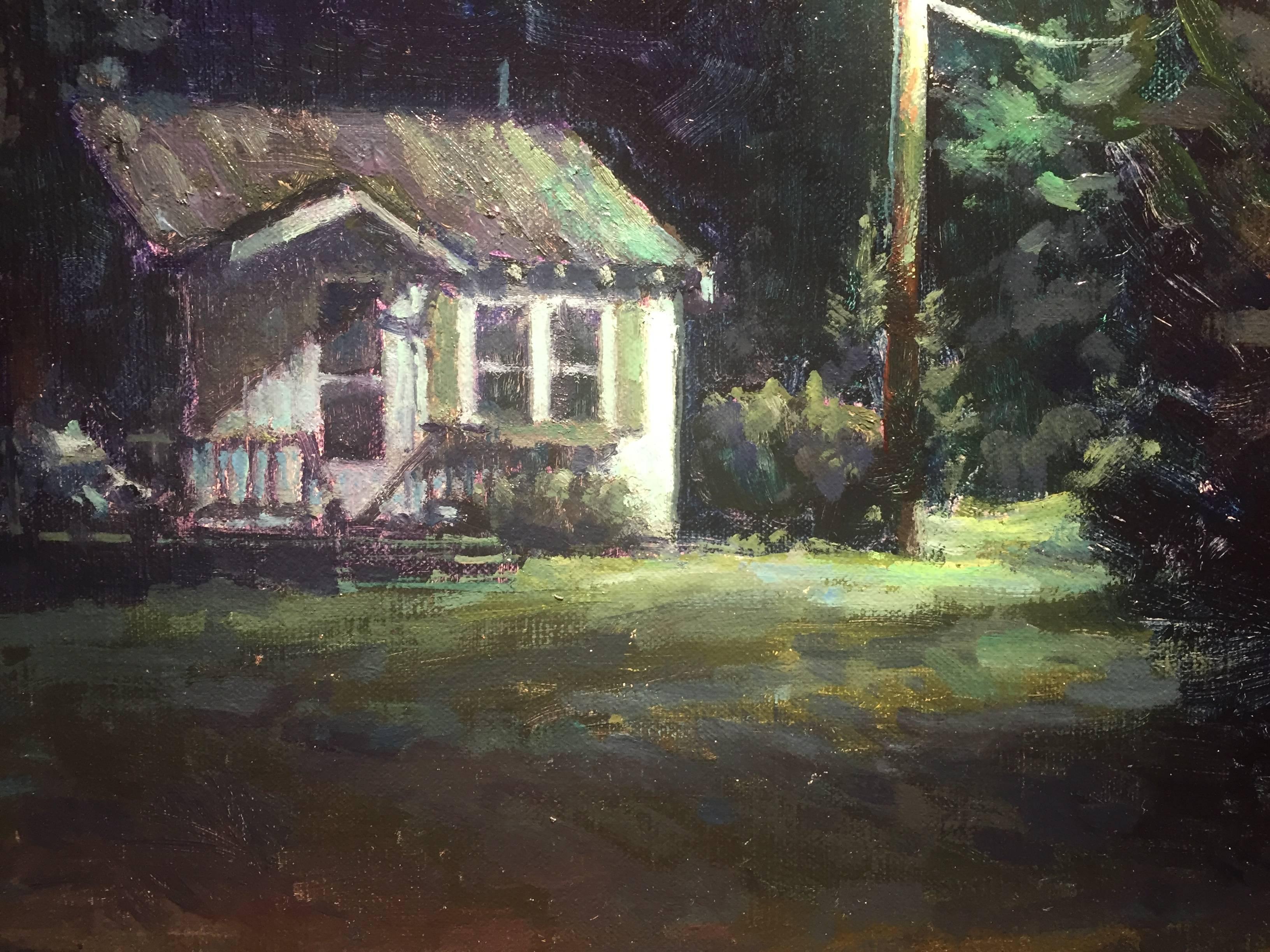 Painted en plein-air, at night. A small white house stands illuminated by an adjacent street-light. A thick dab of white paint creates an illusion of a distant light, so bright it reveals the region around it. A hue of green glistens off every inch