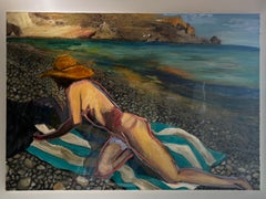 “Kasos 2” Figurative painting of a woman wearing a sun hat sunbathing on a beach