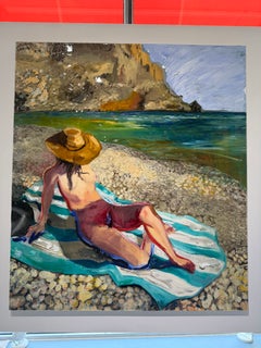 « Kasos 8 » : peinture figurative représentant une femme allongée, prenant un bain de soleil sur une plage