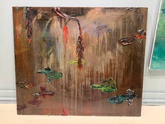 “Deep Lilies” landscape oil resin painting, willow tree lily pads on brown pond