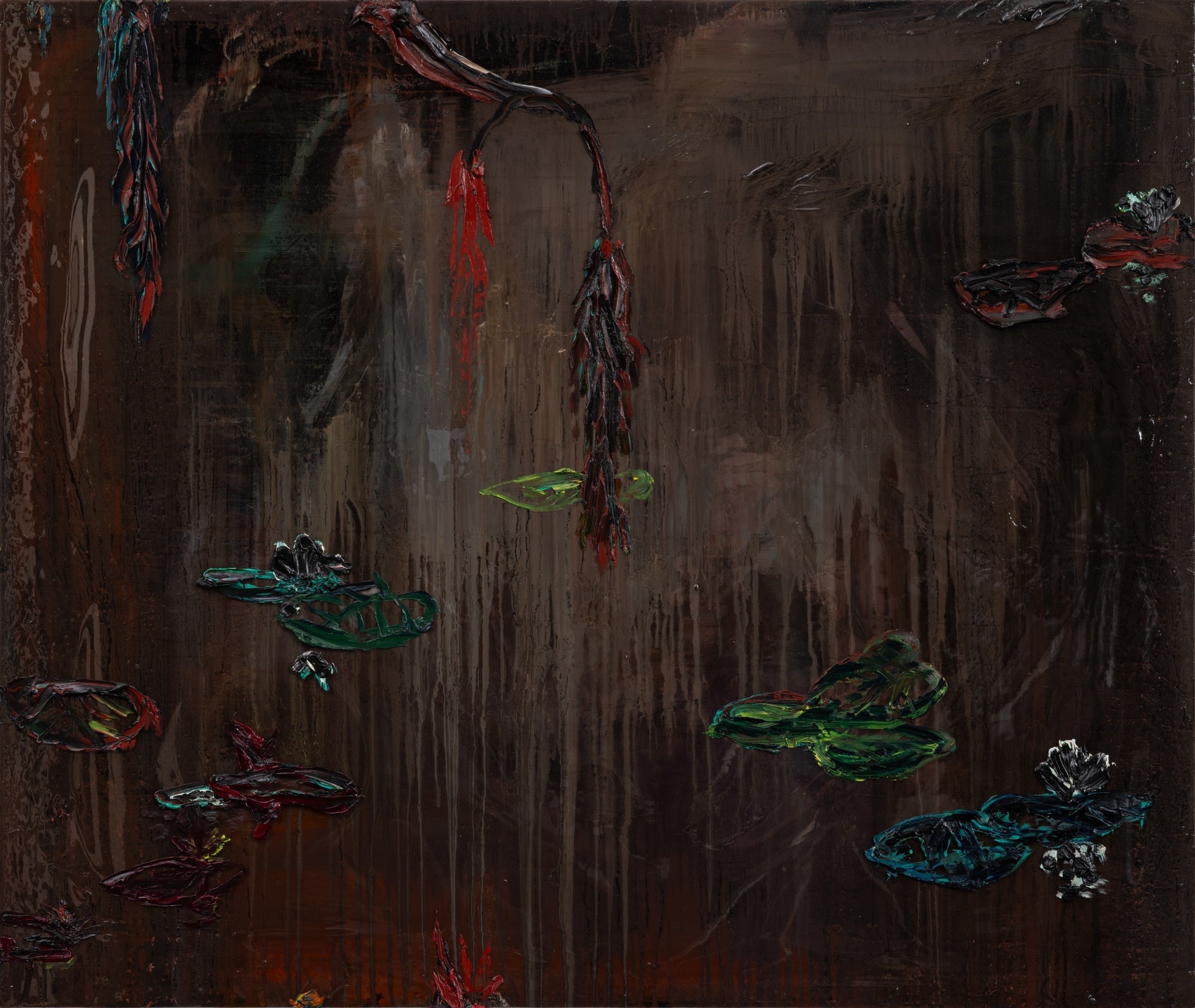 Darius Yektai Landscape Painting - “Deep Lilies” landscape oil resin painting, willow tree lily pads on brown pond