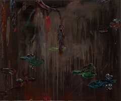 “Deep Lilies” landscape oil resin painting, willow tree lily pads on brown pond