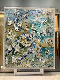 “Falling Lily Beach” oil painting, blue & white falling flowers, 72 x 60 in