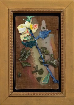 “One Blue Flower” post modern, still life, oil paint, resin, leaves, framed