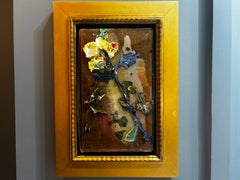 “One Blue Flower” post modern, still life, oil paint, resin, leaves, framed