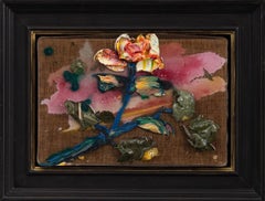 “One Blue Flower Horizontal”, natura morta floreale con texture, 12 x 15,5 pollici con cornice
