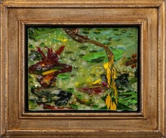 Paisaje «Green Gold Pond», óleo, resina, nenúfares, marco vintage
