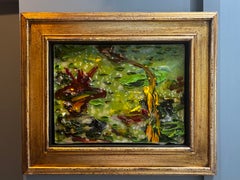 Paisaje «Green Gold Pond», óleo, resina, nenúfares, marco vintage