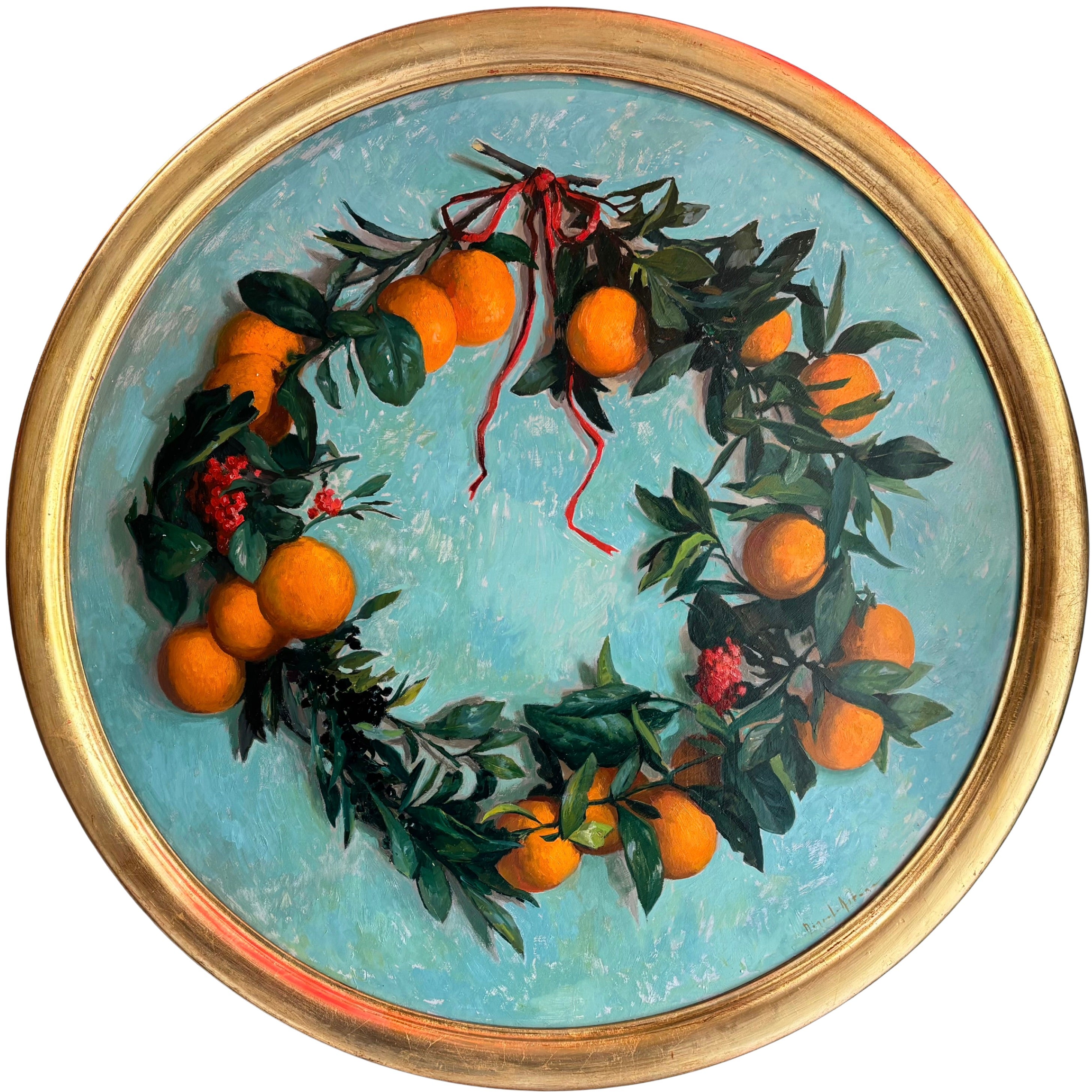 "Orange Garland" Oil Painting, Framed Still Life, Signed, Italian Art