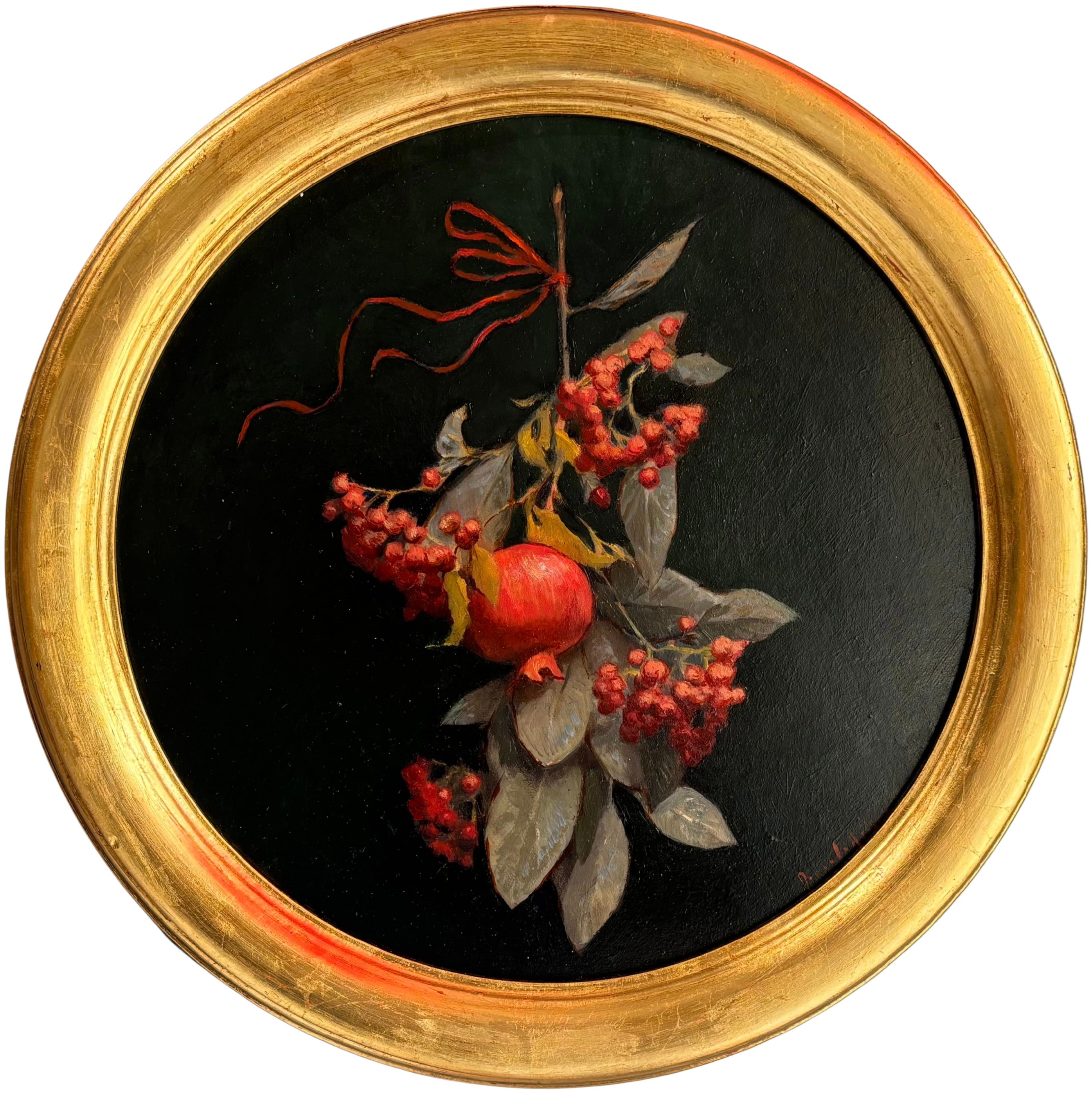 "Pomegranates, Tondo" realist still life, oil painting, round, signed & framed
