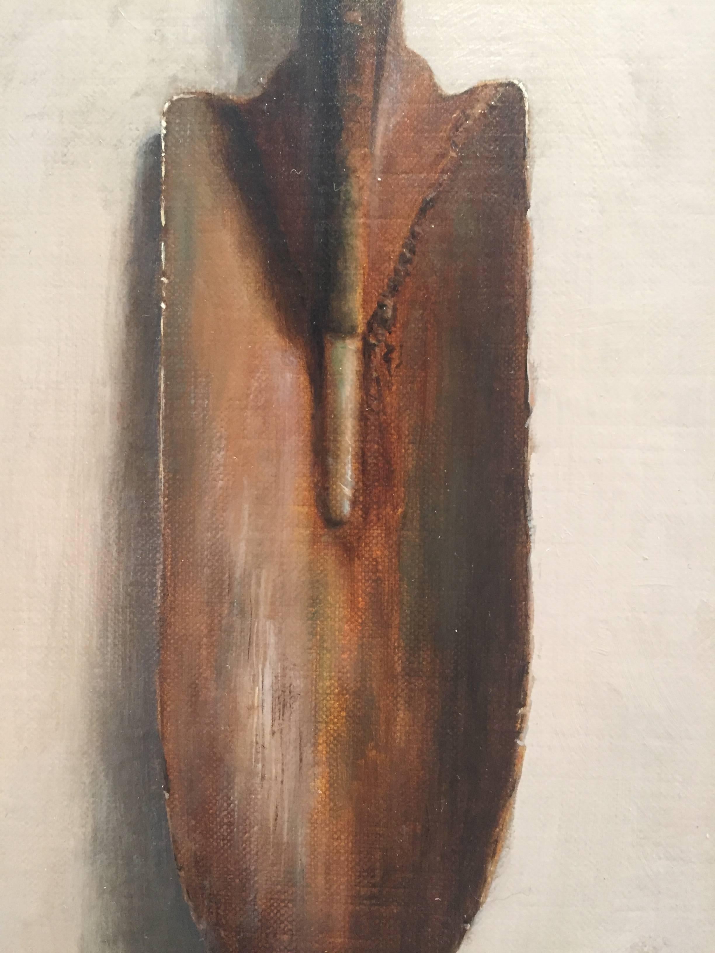 Painted from life, and old gardeners trowel. Hanging between two tiny metal nails, Morfis presents an old shovel on a pedestal, on top of a monochromatic background. 


John Morfis was born in Glen Cove, Long Island in 1976. His humble beginnings