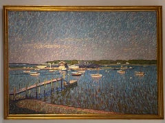 "Shelter Island Yacht Club" - Dipinto a olio, impressionista americano, incorniciato, firmato