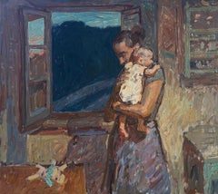 Dipinto a olio "Baby" raffigurante una donna con un bambino, impressionista americano, incorniciato e firmato