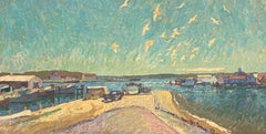 "Montauk" Oil painting, Seaside Landscape, Seagulls, Signed, & framed in gold