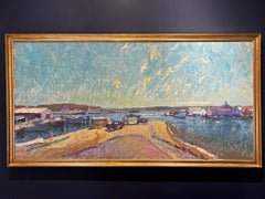 "Montauk" Oil painting, Seaside Landscape, Seagulls, Signed, & framed in gold