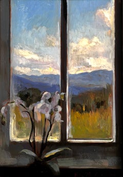 "Study of Orchids by the Window" Oil on Copper Painting, Signed & Framed