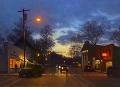 « Main Street Nocturne », peinture à l'huile de style réaliste américain, signée et encadrée, 20 x 28 pouces
