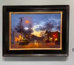 « Main Street Nocturne », peinture à l'huile de style réaliste américain, signée et encadrée, 20 x 28 pouces
