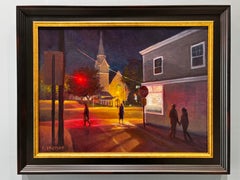 «Cilantro's On Union Street», pintura al óleo nocturna, 12 x 16 pulgadas, firmada y enmarcada