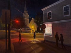 «Cilantro's On Union Street», pintura al óleo nocturna, 12 x 16 pulgadas, firmada y enmarcada