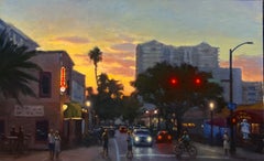 «Mattison's and Gator Club», pintura al óleo del realismo estadounidense, «Puesta de sol en la ciudad», enmarcada