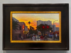 «Mattison's and Gator Club», pintura al óleo del realismo estadounidense, «Puesta de sol en la ciudad», enmarcada