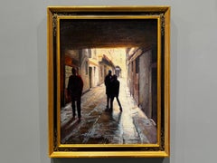 «Lluvia veneciana», pintura al óleo de estilo realista estadounidense, firmada y enmarcada, 14 x 11 pulgadas