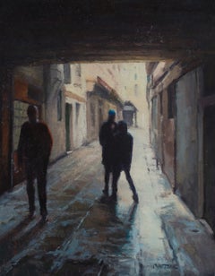 «Lluvia veneciana», pintura al óleo de estilo realista estadounidense, firmada y enmarcada, 14 x 11 pulgadas