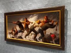 The Fisherman's Fight, Large Oil Painting, Signed, 34.6 x 70 Framed