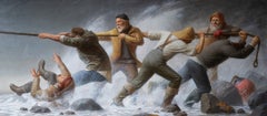 The Fisherman's Fight, Large Oil Painting, Signed, 34.6 x 70 Framed