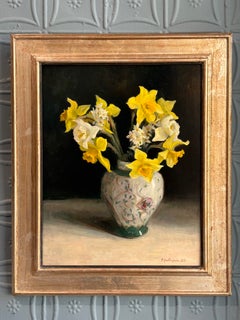 "Daffodils" Oil Painting on Copper, Floral Still Life, Signed, 20 x 16in, Framed