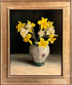 "Daffodils" Oil Painting on Copper, Floral Still Life, Signed, 20 x 16in, Framed