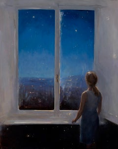 "Stargazer" Oil Painting on Copper, Night Sky, 20 x 16 inches, Signed & Framed