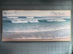 « Wainscott, Main Beach » Peinture à l'huile, 54 x 120 pouces, paysage marin, signée, encadrée