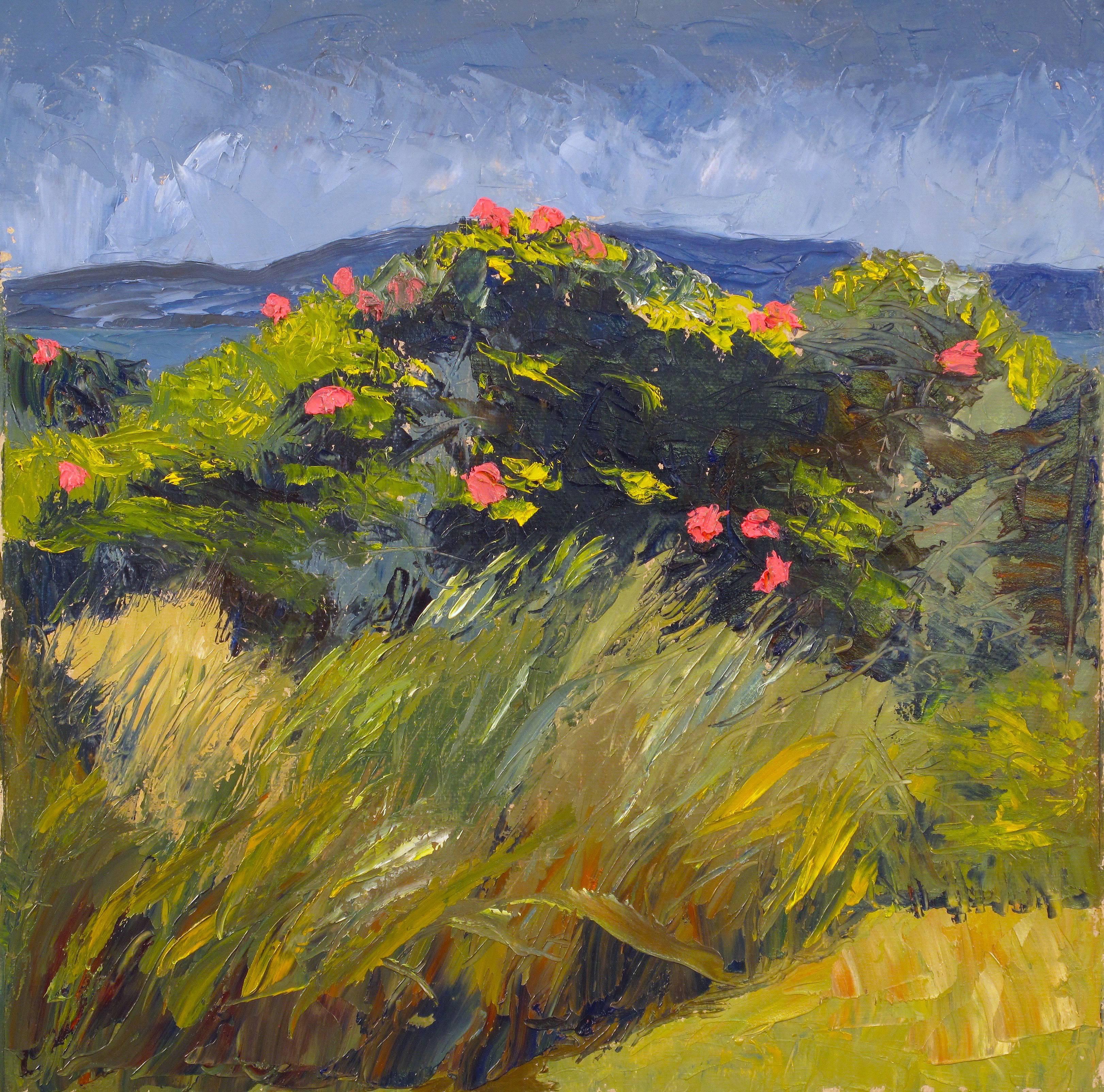 "Roses in the Dune" contemporary plein air painting by American Impressionist 