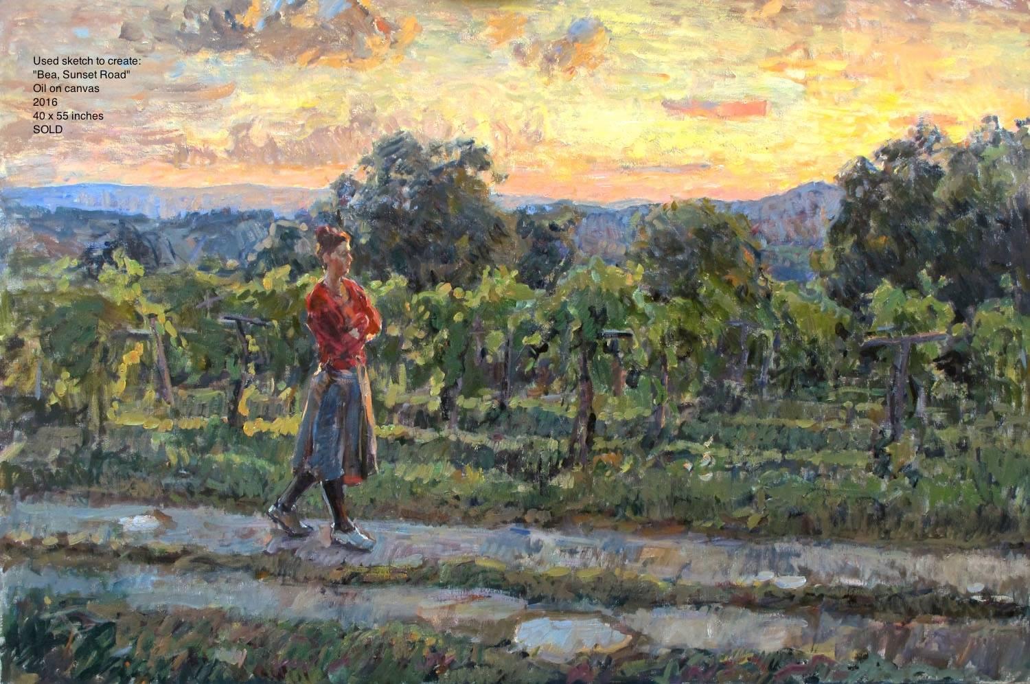 Bea, Sunset Road Sketch - American Impressionist Painting by Ben Fenske