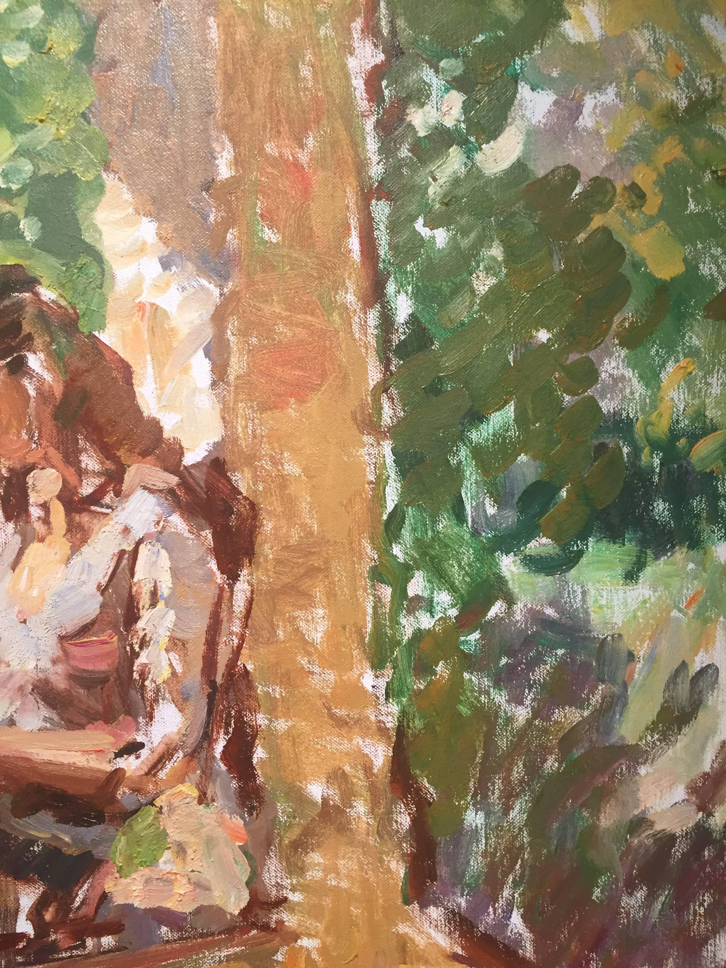 Painted from life, a woman sits perched on a windowsill. Leaning against a wall-post, knees bent, she reads a book in her lap. Canvas shines through by way of Fenske's quick, brash, brushstrokes. 

Ben Fenske (b. 1978) although a native of