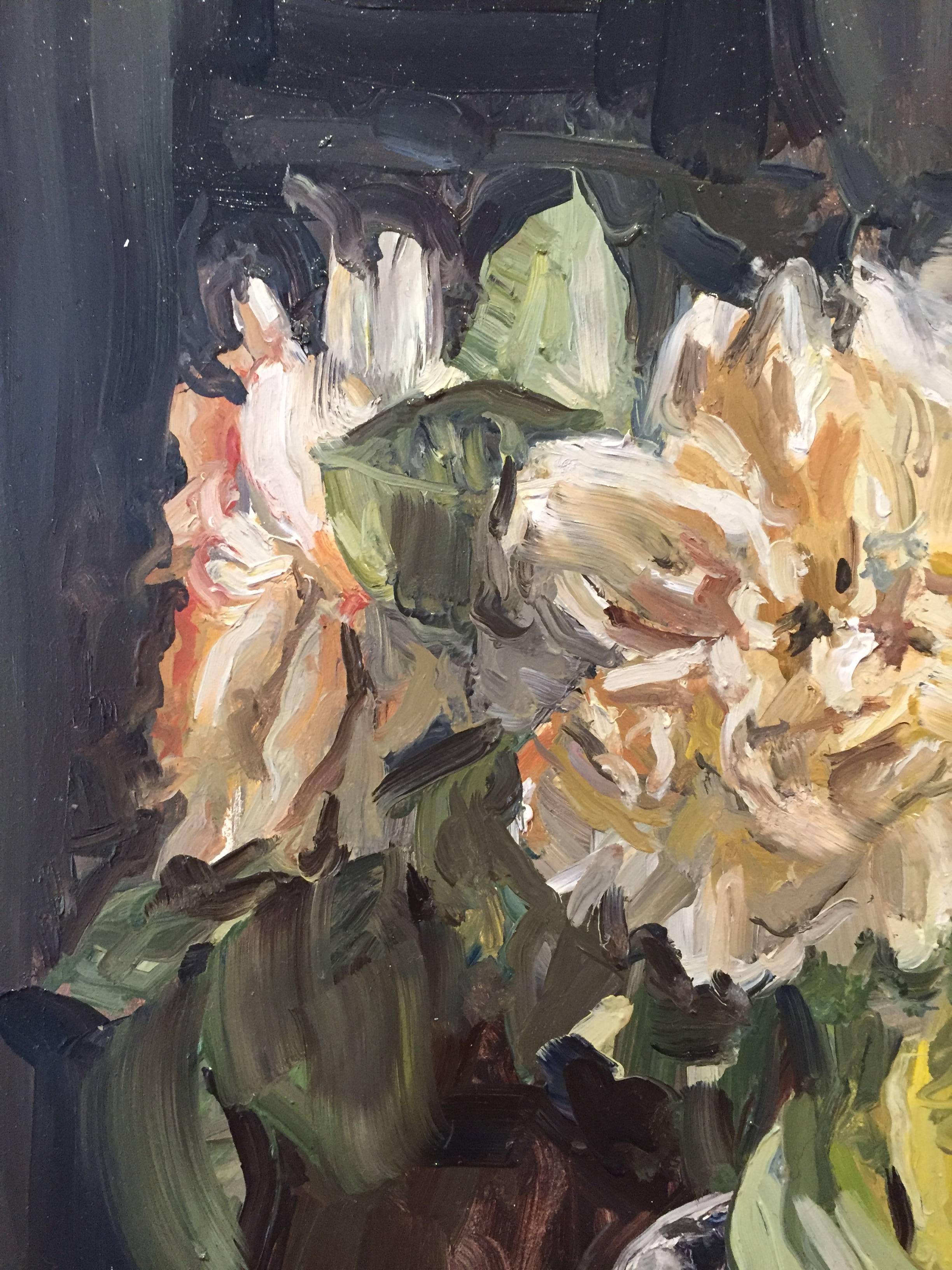 White Roses in Glass - Black Still-Life Painting by Rachel Personett