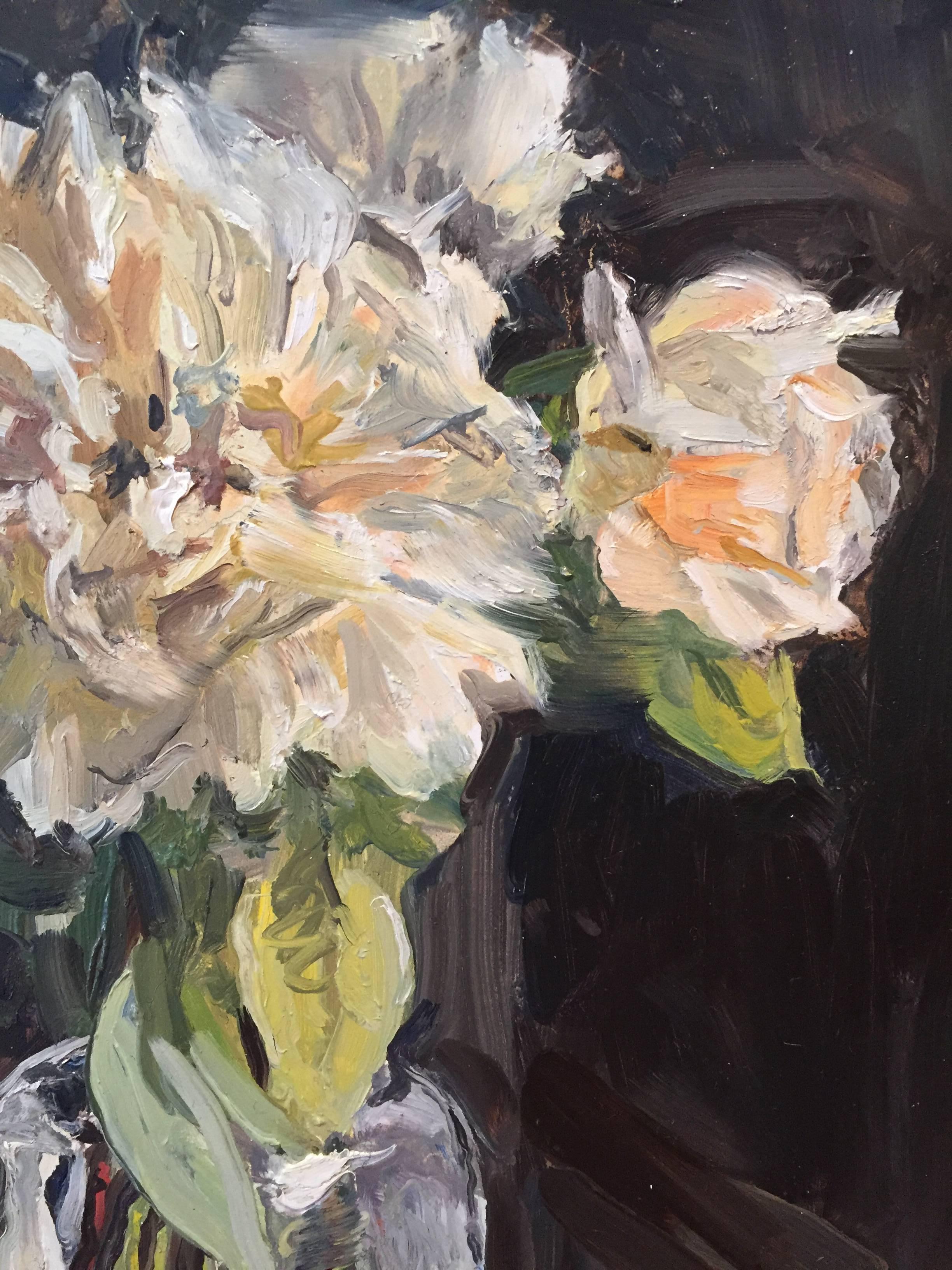 White Roses in Glass - American Impressionist Painting by Rachel Personett