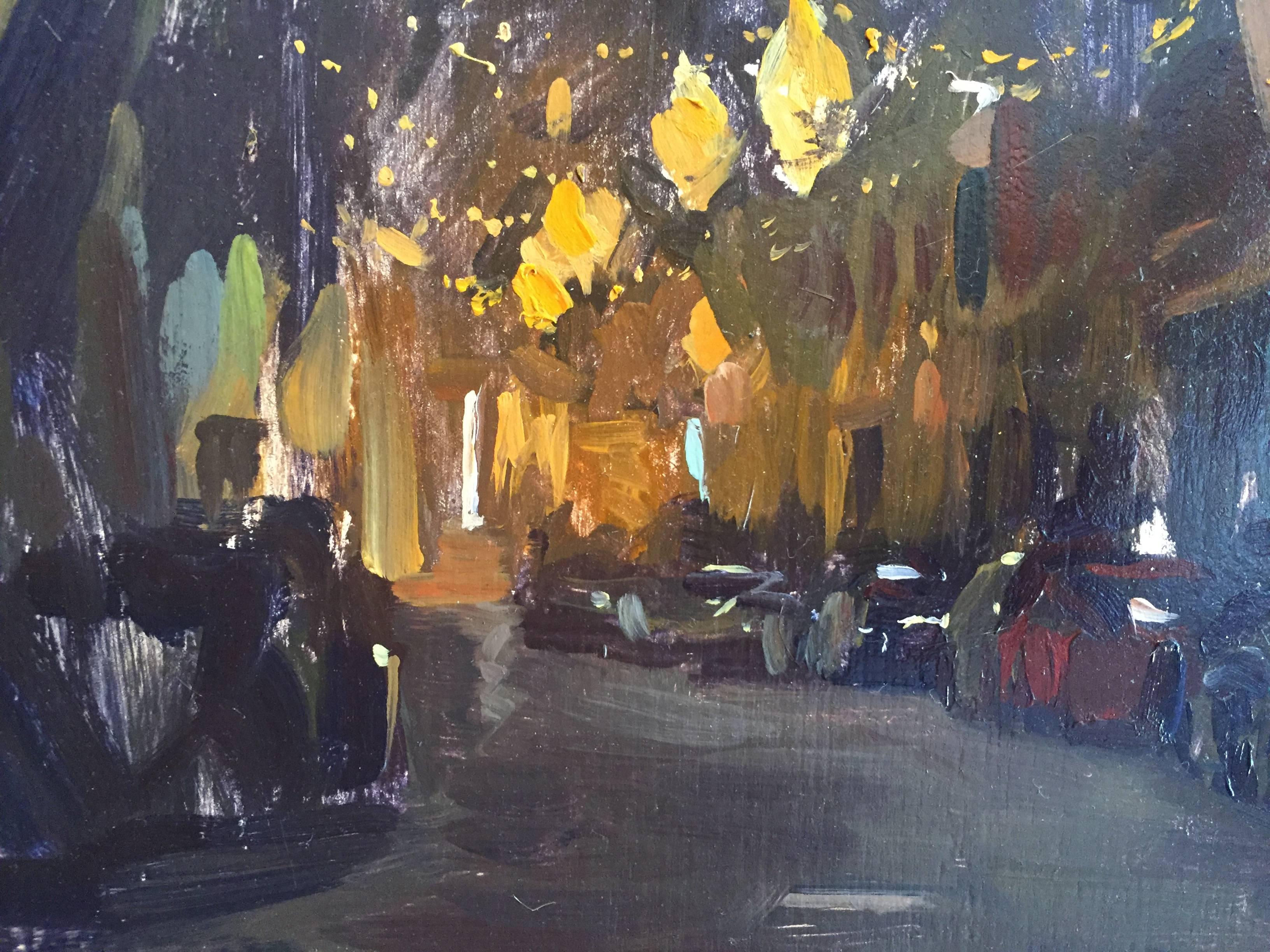 A small oil on panel painting of a European street-scene at night. 

Marc Dalessio was born in 1972 in Los Angeles, California. Even in his earliest years, it was evident that his passion was art. In 1989 he started at the University of California